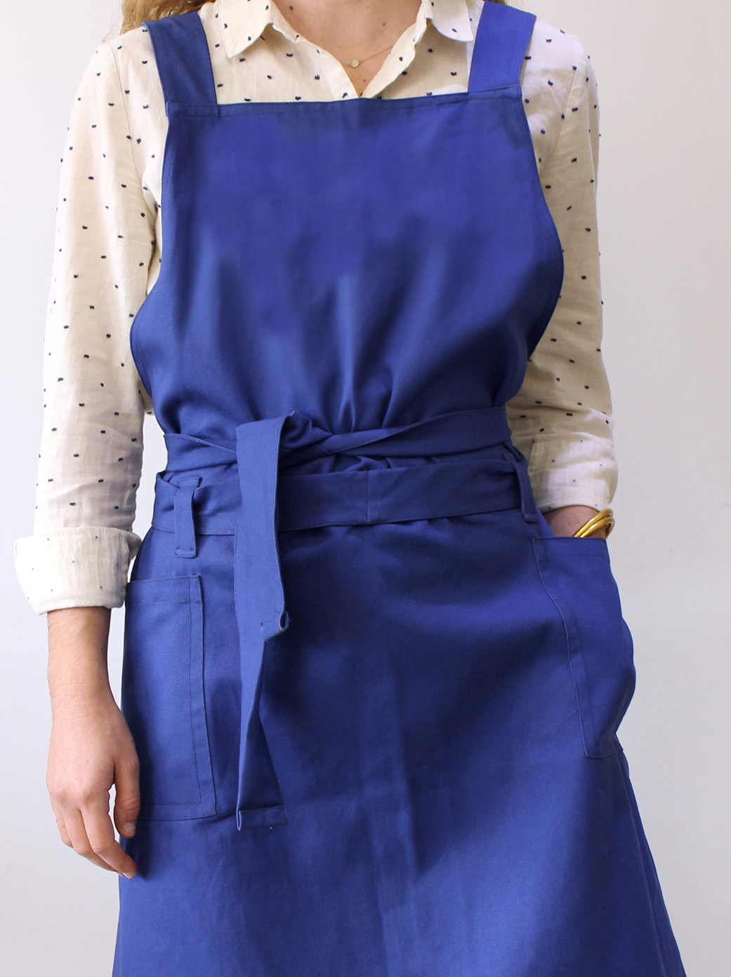 Tablier Japonais WANDGU Coton-lin - Dos Croisé, Sans Nœud, Bleu, Style Pratique